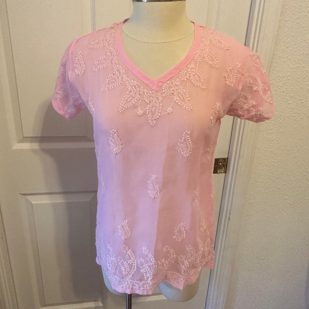 Traditional Indian Embroderied Sheer Pink Pull-Over Top NWOT